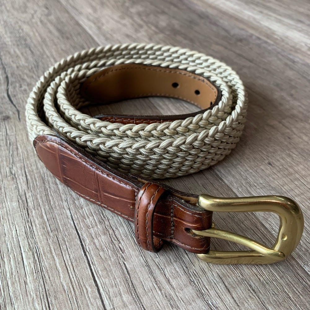 BRIGHTON Elastic Cord Solid Brass Croc Belt 33502 Tan Woven